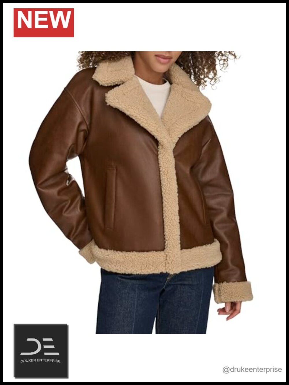 Faux Leather Sherpa Lined Moto Jacket Aviator Zip Warm Winter Coat